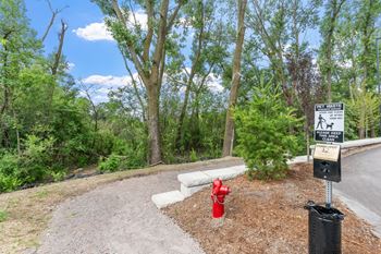 A sign in front of a tree reads "Pet Waste.".